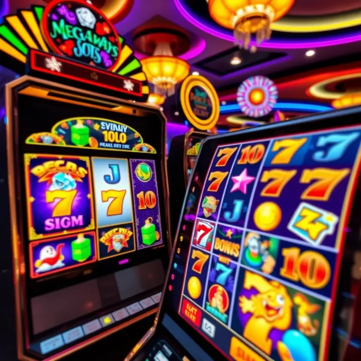 Colorful slot machine reels showing dynamic symbols and bonus features in a lively casino setting