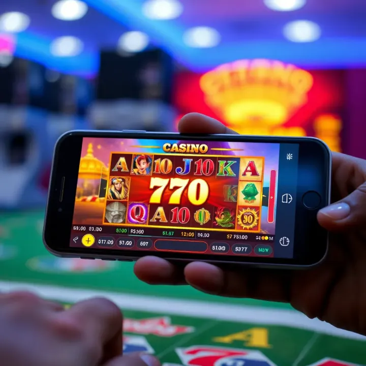 Smartphone displaying a mobile casino interface with vibrant slot game graphics and user-friendly controls