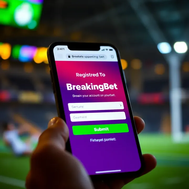 Mobile phone displaying BreakingBet registration screen with form fields and submit button