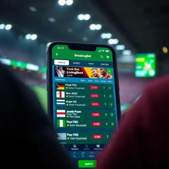 Screenshot of BreakingBet app interface showing live sports betting options and odds