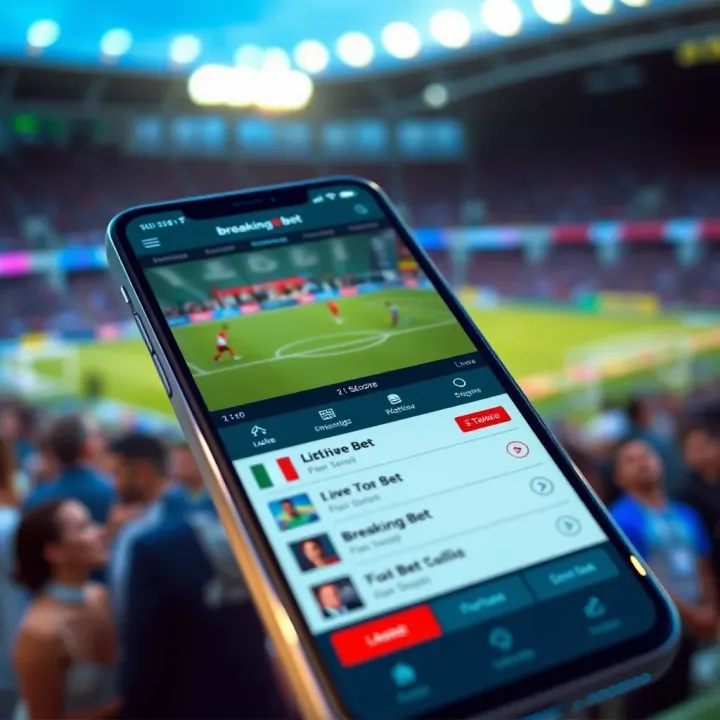 Smartphone showing BreakingBet app interface with live score updates and match statistics