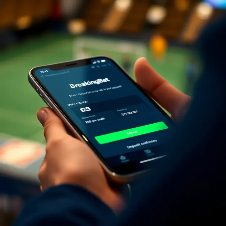 BreakingBet Bank Transfer Deposit Confirmation on Mobile Bank transfer transaction on a mobile device with BreakingBet app interface showing deposit confirmation
