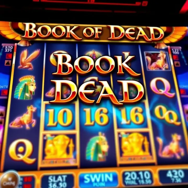 Illustration of a vibrant Book of Dead slot game screen with ancient Egyptian symbols and reels spinning