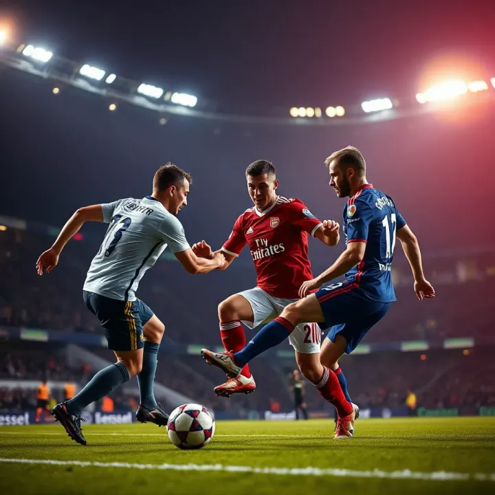 Dynamic Europa League match with players contesting for the ball under stadium lights
