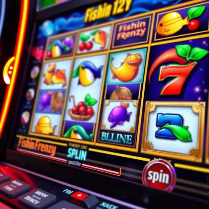 Colorful fishing symbols and reels on a slot machine screen representing Fishin Frenzy game