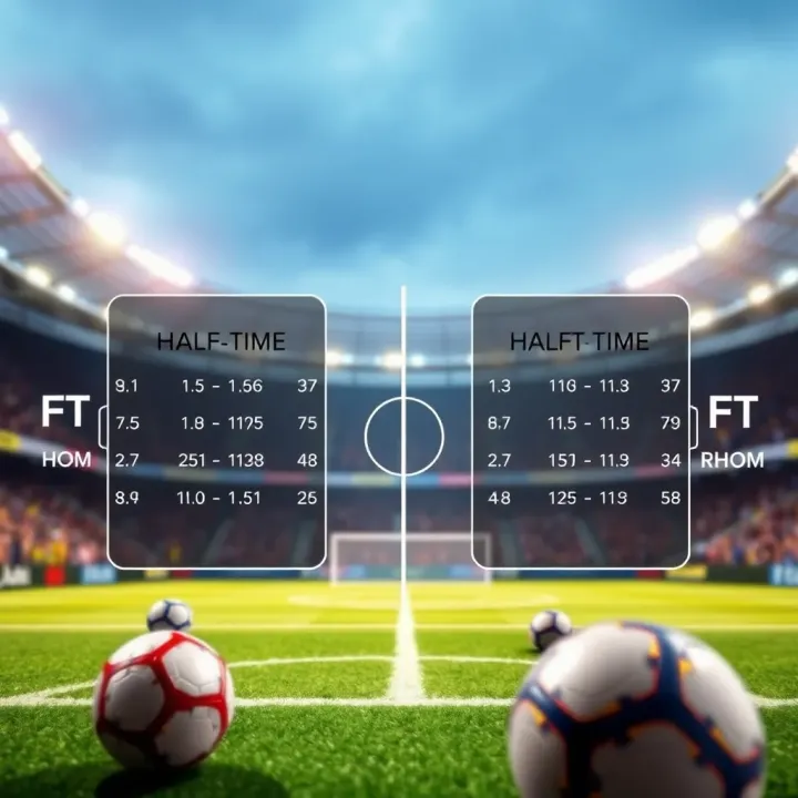 Overview of Half-Time and Full-Time Betting in Football Illustration showing a football pitch divided into half-time and full-time result sections with betting odds displayed
