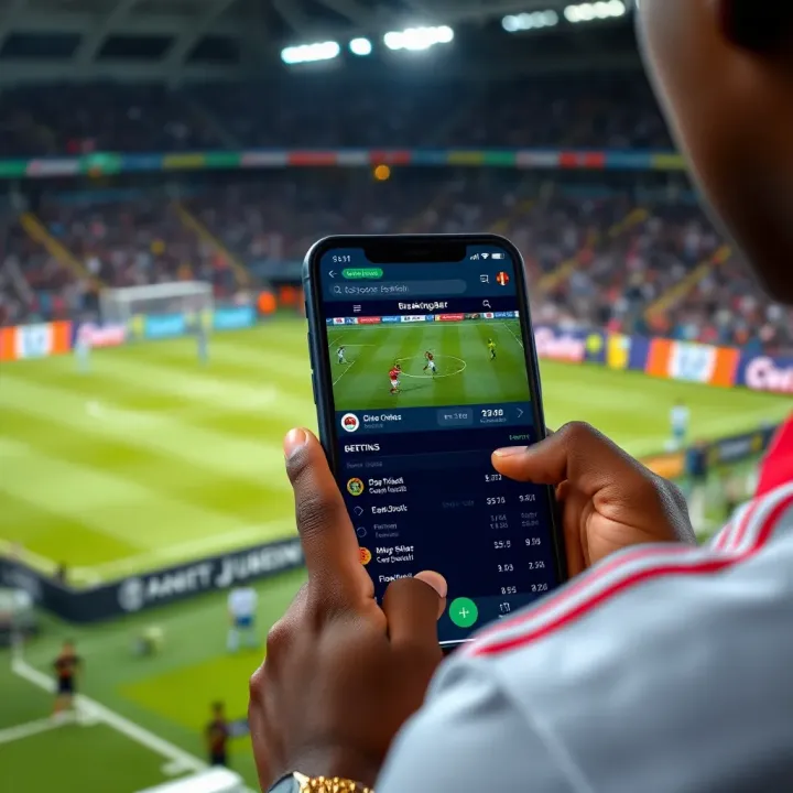 Live soccer match on mobile device with betting options displayed