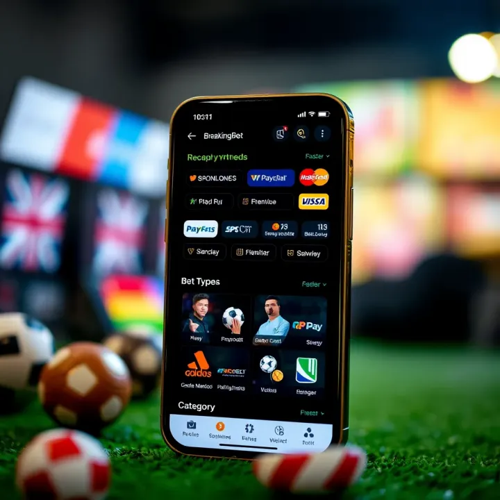 User interface of BreakingBet mobile app illustrating various payment methods and betting categories