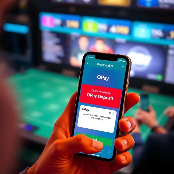 Mobile phone displaying successful OPay transaction confirmation for BreakingBet deposit