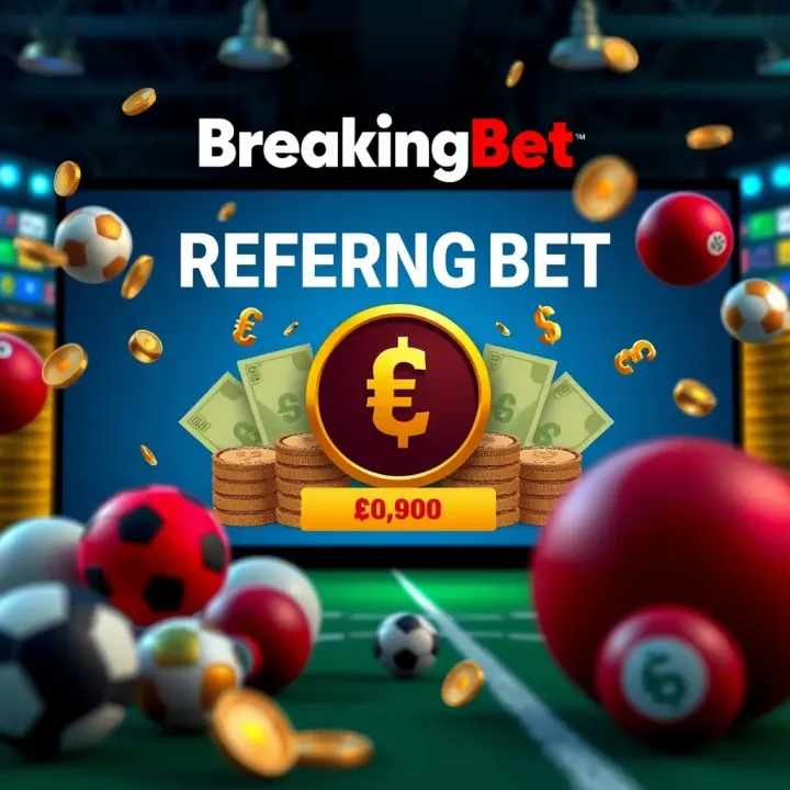 Graphic showing rewards and bonuses from BreakingBet referral program with currency symbols and sports elements