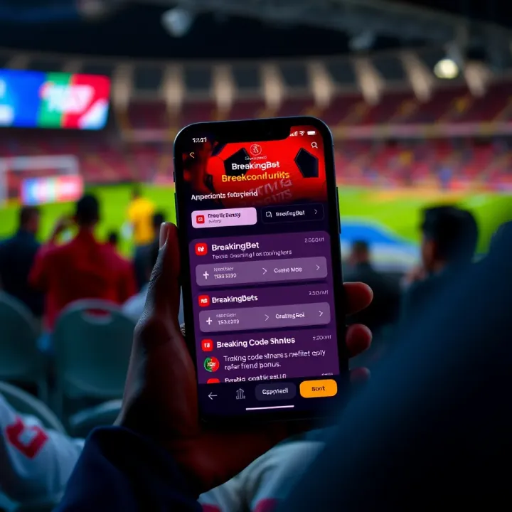 BreakingBet Referral Code Sharing on Mobile App Smartphone displaying BreakingBet app interface with referral code sharing options
