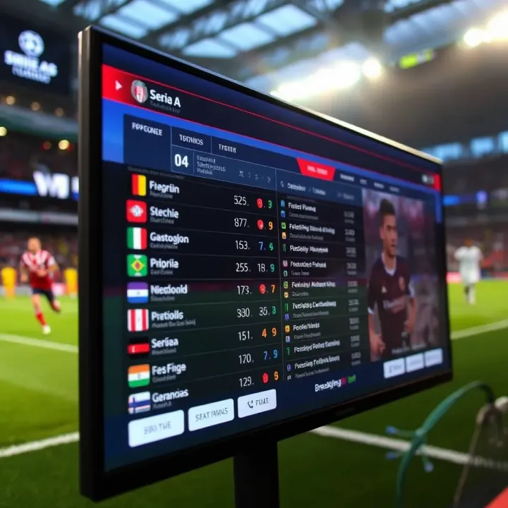 Overview of Serie A football league with teams and match statistics on a digital screen