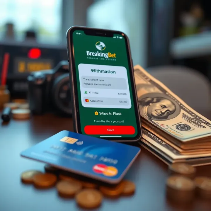 Confirming Withdrawal Transaction on BreakingBet App Cash and bank card next to a smartphone showing transaction confirmation on BreakingBet app