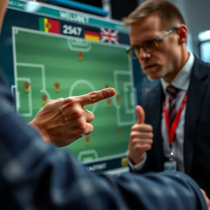Detailed Tactical Analysis for World Cup Close-up of a coach pointing at tactical board with player formations and strategies
