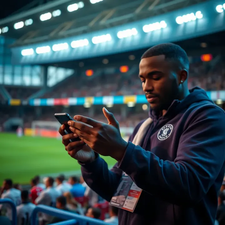 Football fan analyzing live statistics and betting markets on a mobile device