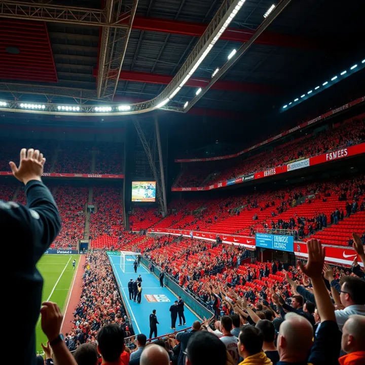Premier League stadium filled with cheering fans during an intense football match
