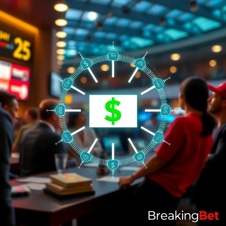Graphic depicting financial control, featuring symbols of money flow, limits, and digital transactions within sports betting context