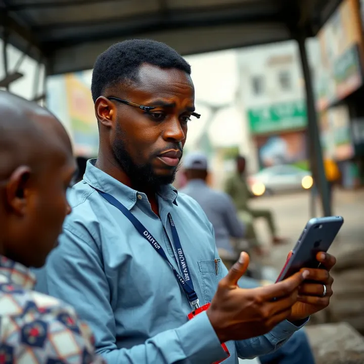 BreakingBet agent engaging with clients using a digital device in a Nigerian urban setting