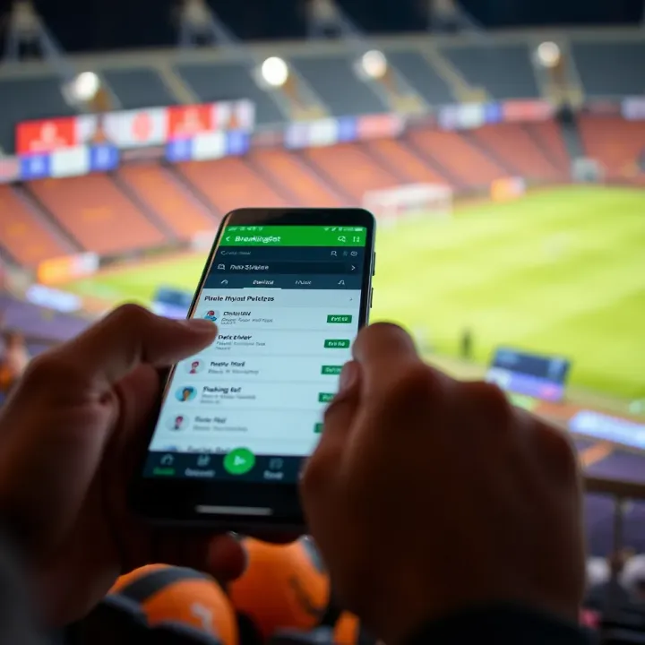 Illustration of a mobile device displaying the BreakingBet app interface with navigation options