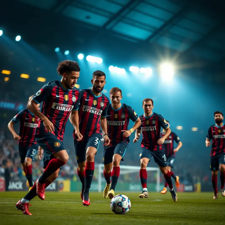 Inter Milan Team in Competitive Football Match Inter Milan football players in action during a match, highlighting team dynamics and gameplay
