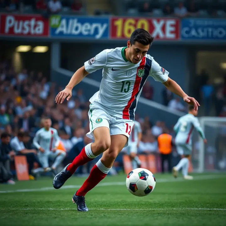 Dynamic football player dribbling the ball during a tactical play in Kazakhstan Premier League