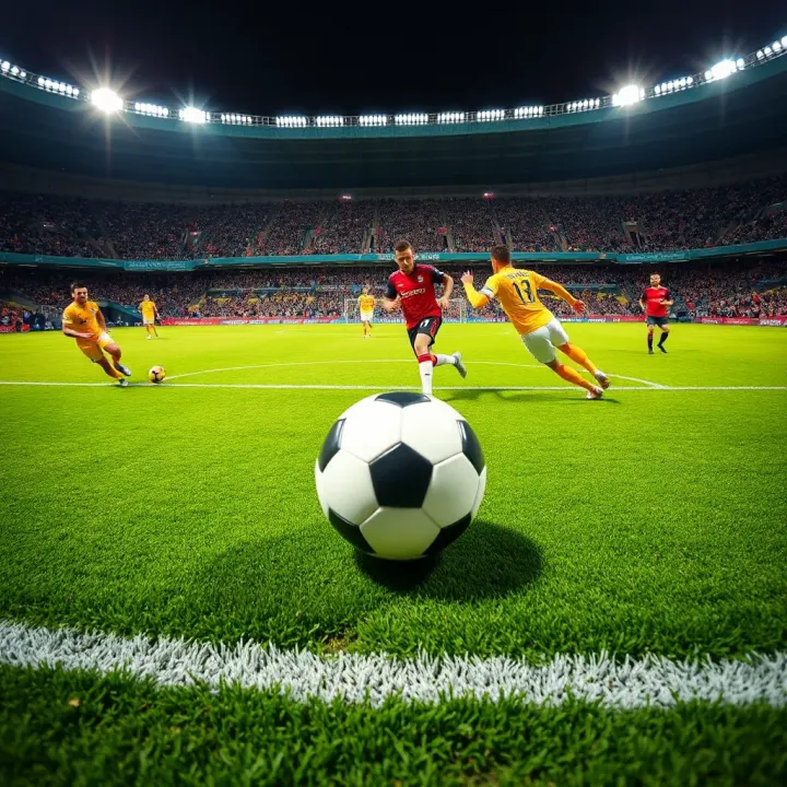 Kazakhstan Premier League football teams competing on a lush green field under stadium lights