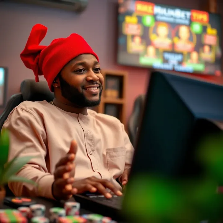 Illustration of Nigerian player enjoying online gaming with tips and rewards icons