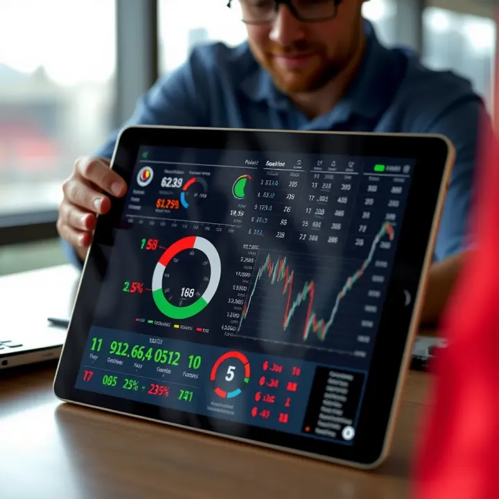 Football match data and statistics analysis displayed on a digital tablet with charts and graphs