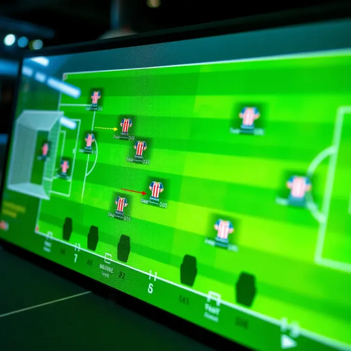 Football pitch with tactical team formations and player positioning illustrated on a digital board