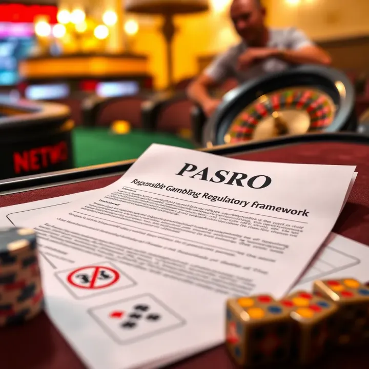 Illustration of responsible gambling measures with regulatory documents and a no gambling symbol