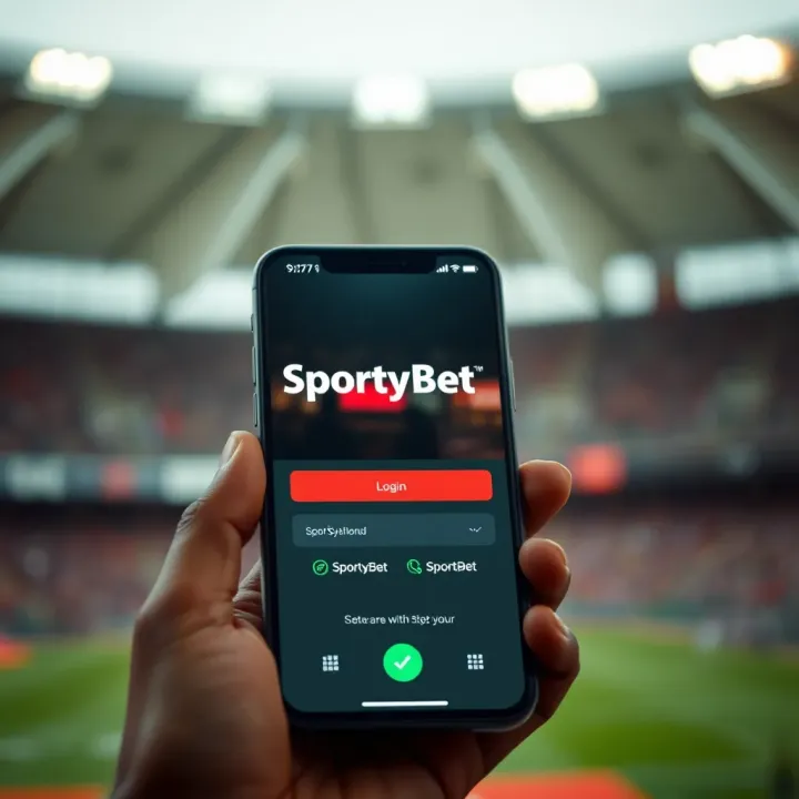Mobile phone showing SportyBet app with secure login feature